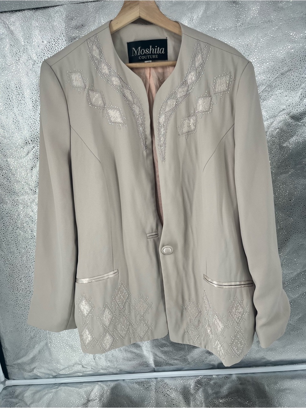 Moshita Couture Beige Beaded Evening Blazer Jacket Office Elegant size 18